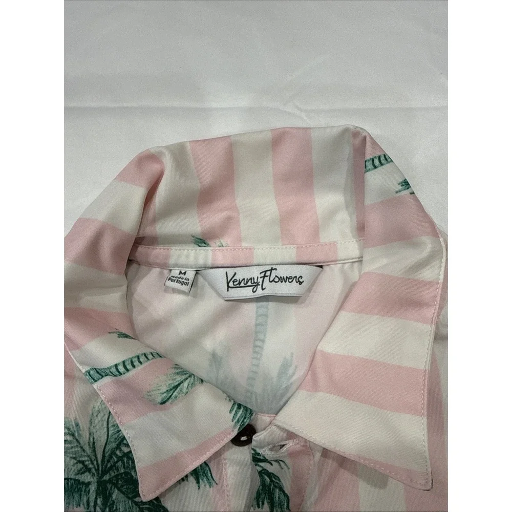 Kenny Flowers Polo Shirt Mens Sz M Pink White Palm Tree Stripe Stretch Portugal